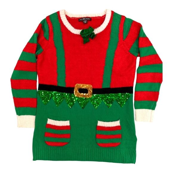 United States Sweaters elf overalls tunic sweater red green bow shiny size large - Picture 1 of 5